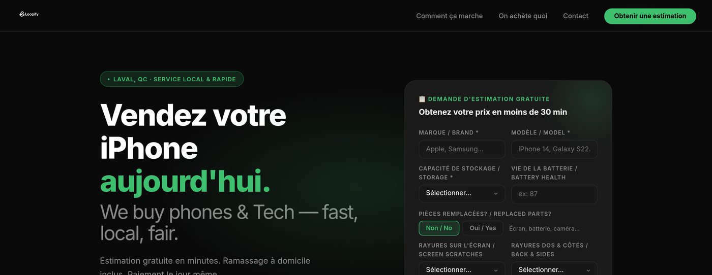 Captura del sitio web de Loopify Devices, compra de celulares y tecnología usada en Laval, Quebec